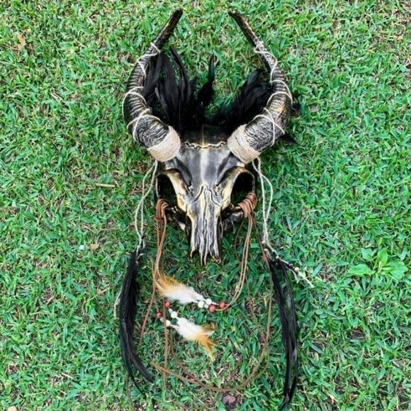 Gold Animal Skull OX Horned Feather Masquerade Halloween Cosplay Costume Mask - Picture 7 of 8